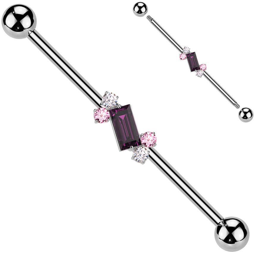 Industrial Barbell 4 round zirconias baguette cut zirconia