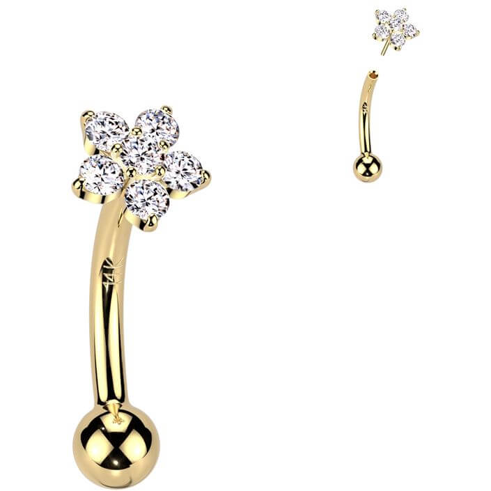 Solid Gold 14 Carat Eyebrow Piercing flower zirconia Push-In