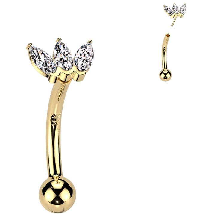 Solid Gold 14 Carat Eyebrow Piercing triple marquise cut zirconia