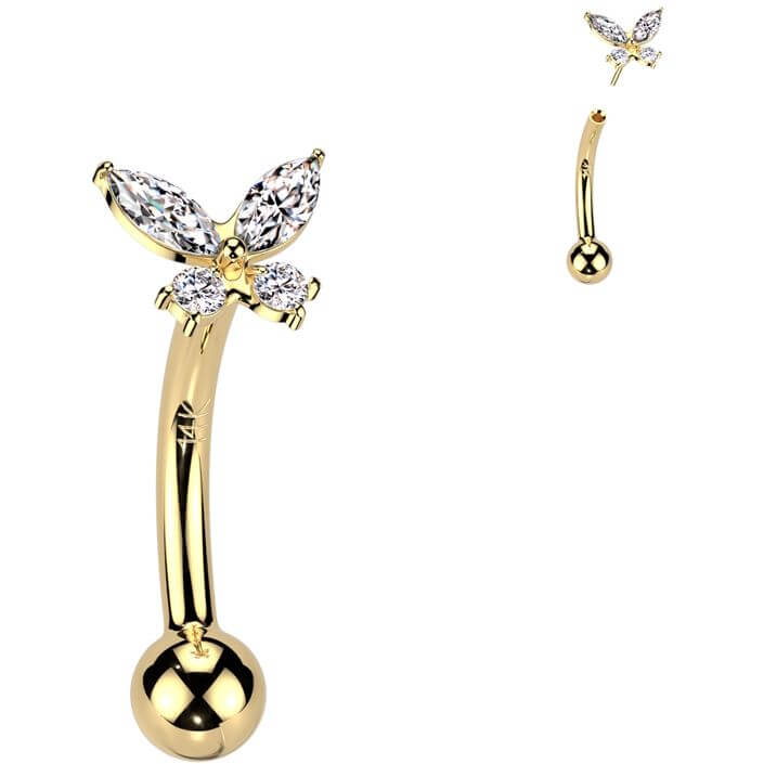 Solid Gold 14 Carat Eyebrow Piercing butterfly zirconia Push-In