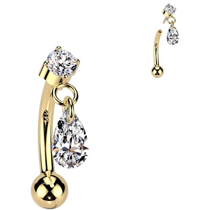 Solid Gold 14 Carat Eyebrow Piercing teadrop zirconia dangle Push-In