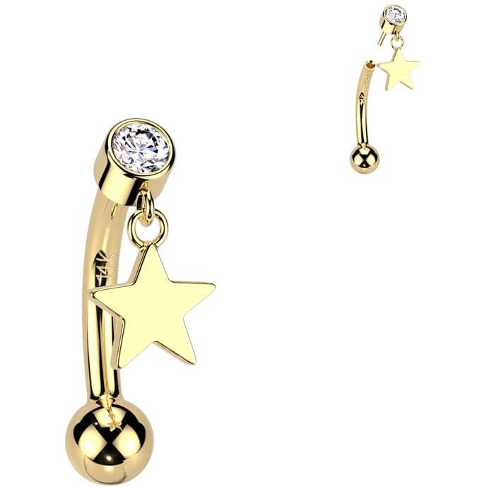 Solid Gold 14 Carat Eyebrow Piercing star zirconia dangle Push-In