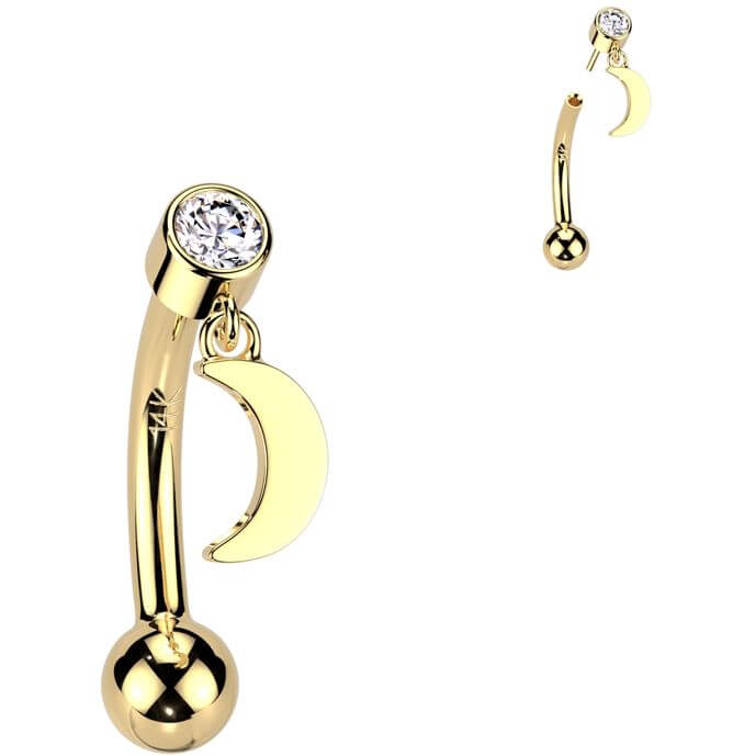 Solid Gold 14 Carat Eyebrow Piercing moon zirconia dangle Push-In