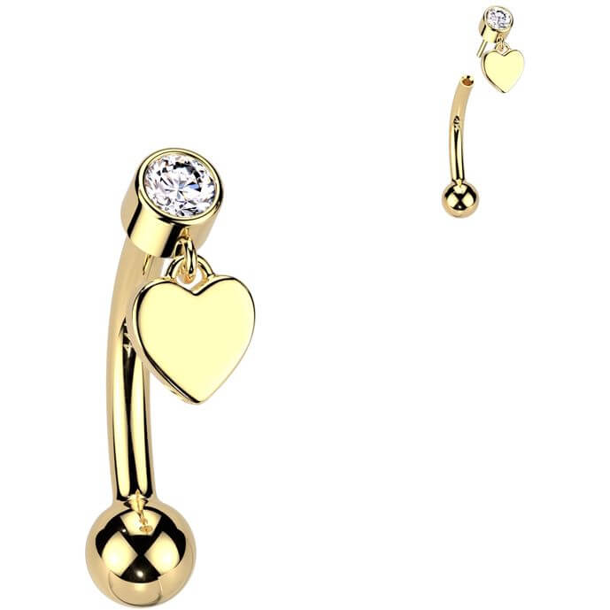Solid Gold 14 Carat Eyebrow Piercing heart zirconia dangle Push-In
