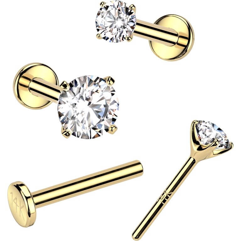 Solid Gold 14 Carat Labret zirconia prong setting Push-In
