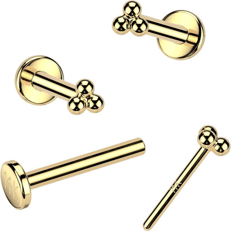 Solid Gold 14 Carat Labret 3 balls nose piercing Push-In