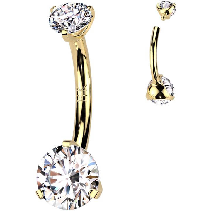 Solid Gold 14 Carat Belly Button Piercing two zirconias prong setting Internally Threaded