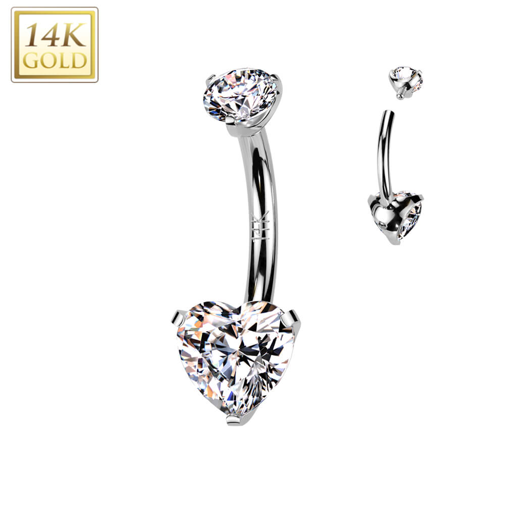 Solid Gold 14 Carat Belly Button Piercing heart zirconia prong setting Internally Threaded