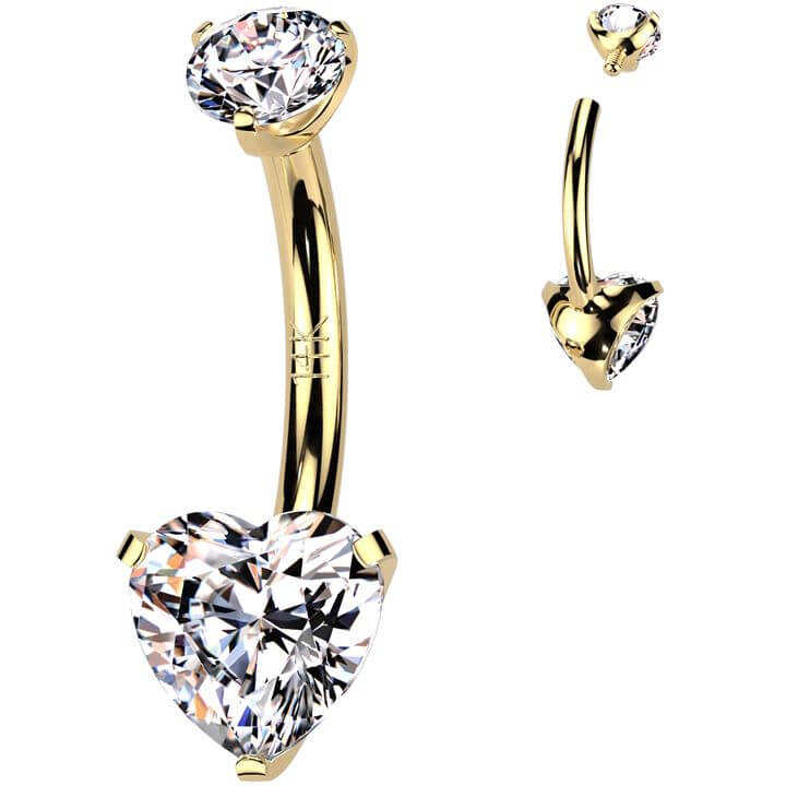 Solid Gold 14 Carat Belly Button Piercing heart zirconia prong setting Internally Threaded