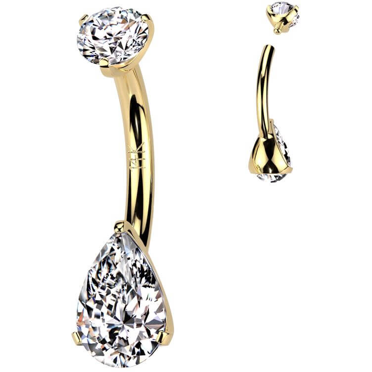 Solid Gold 14 Carat Belly Button Piercing teardrop zirconia prong setting Internally Threaded