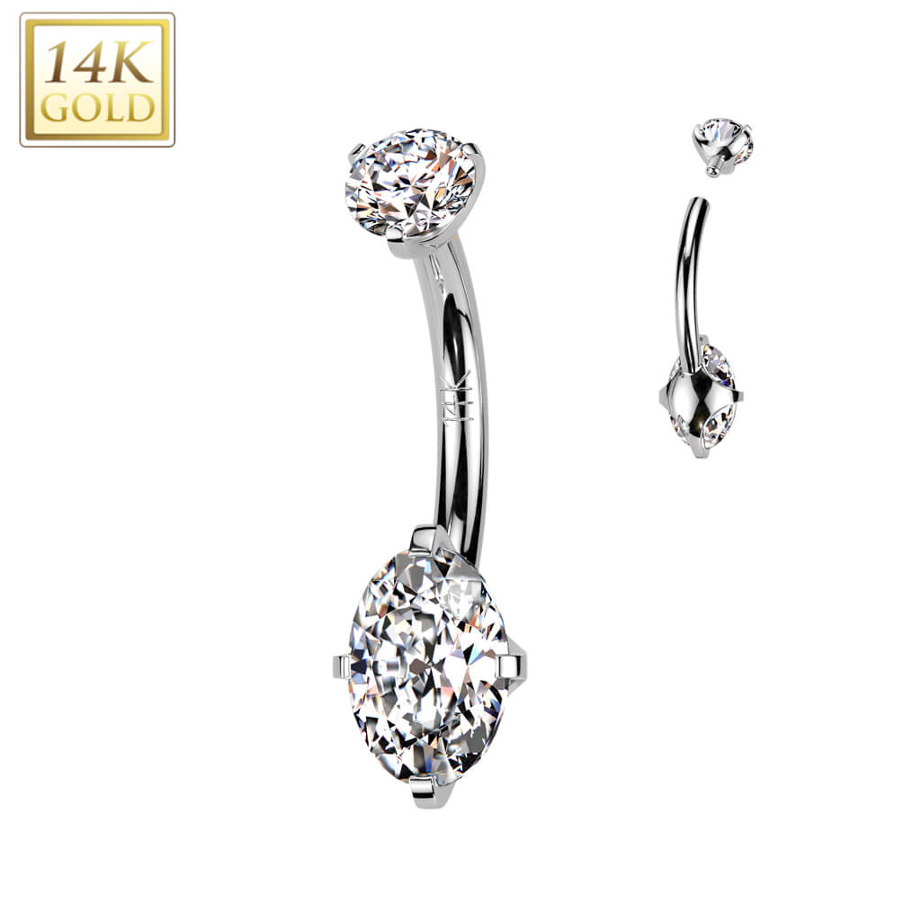 Solid Gold 14 Carat Belly Button Piercing two zirconias prong setting Internally Threaded