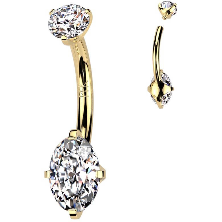 Solid Gold 14 Carat Belly Button Piercing two zirconias prong setting Internally Threaded