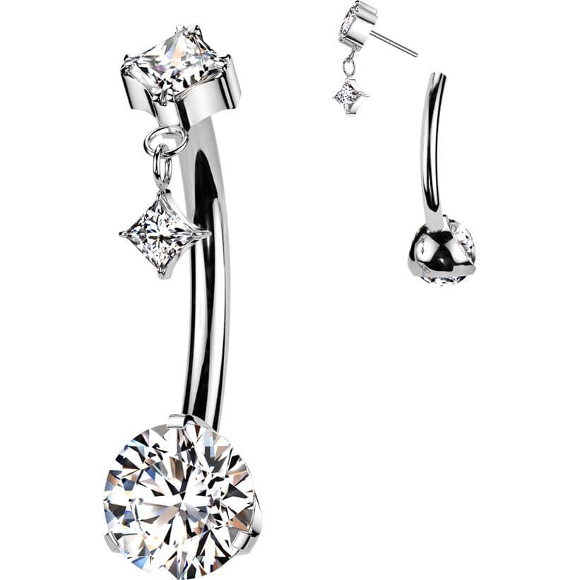 Titanium Belly Button Piercing zirconia prong settiing diamond shape dangle Push-In