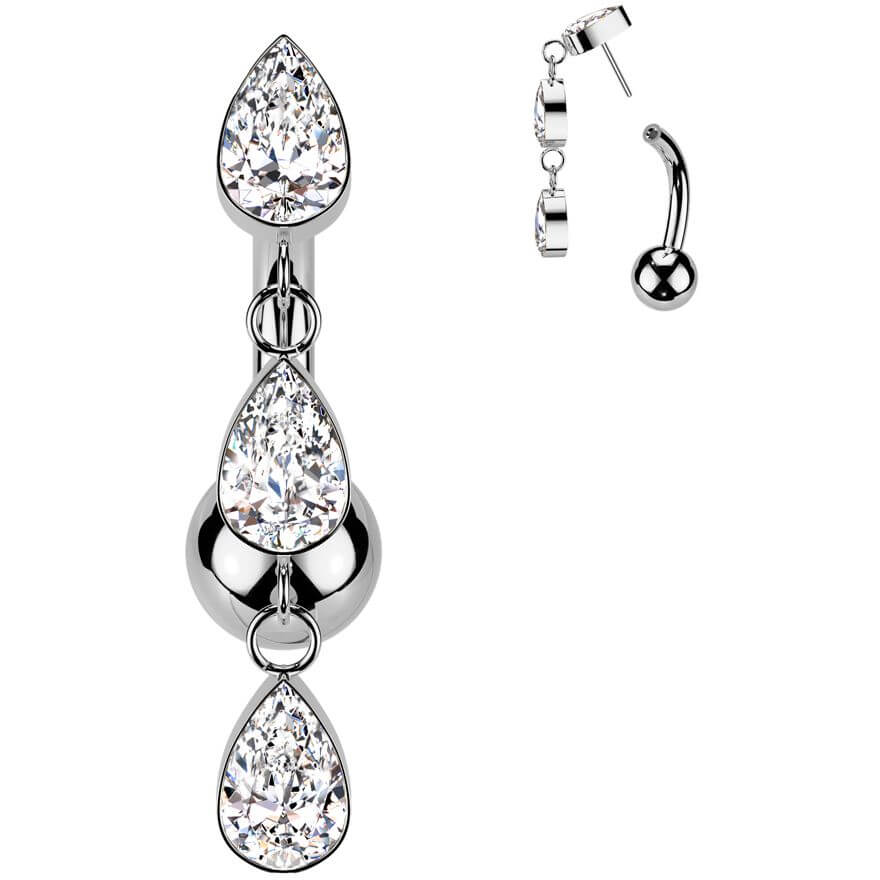 Titanium Belly Button Piercing 3 teardrops zirconias dangle Push-In