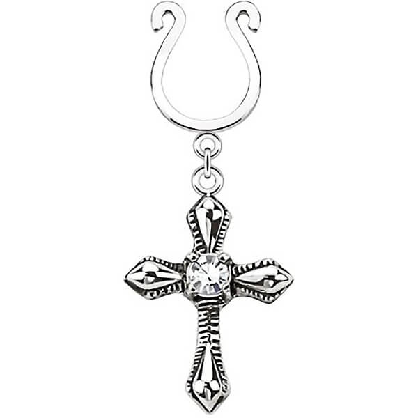 Fake piercing do sutka krzyż srebrny kolczyk rozginany