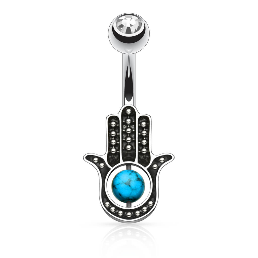 Piercing ombligo Hamsa turquesa Circonita