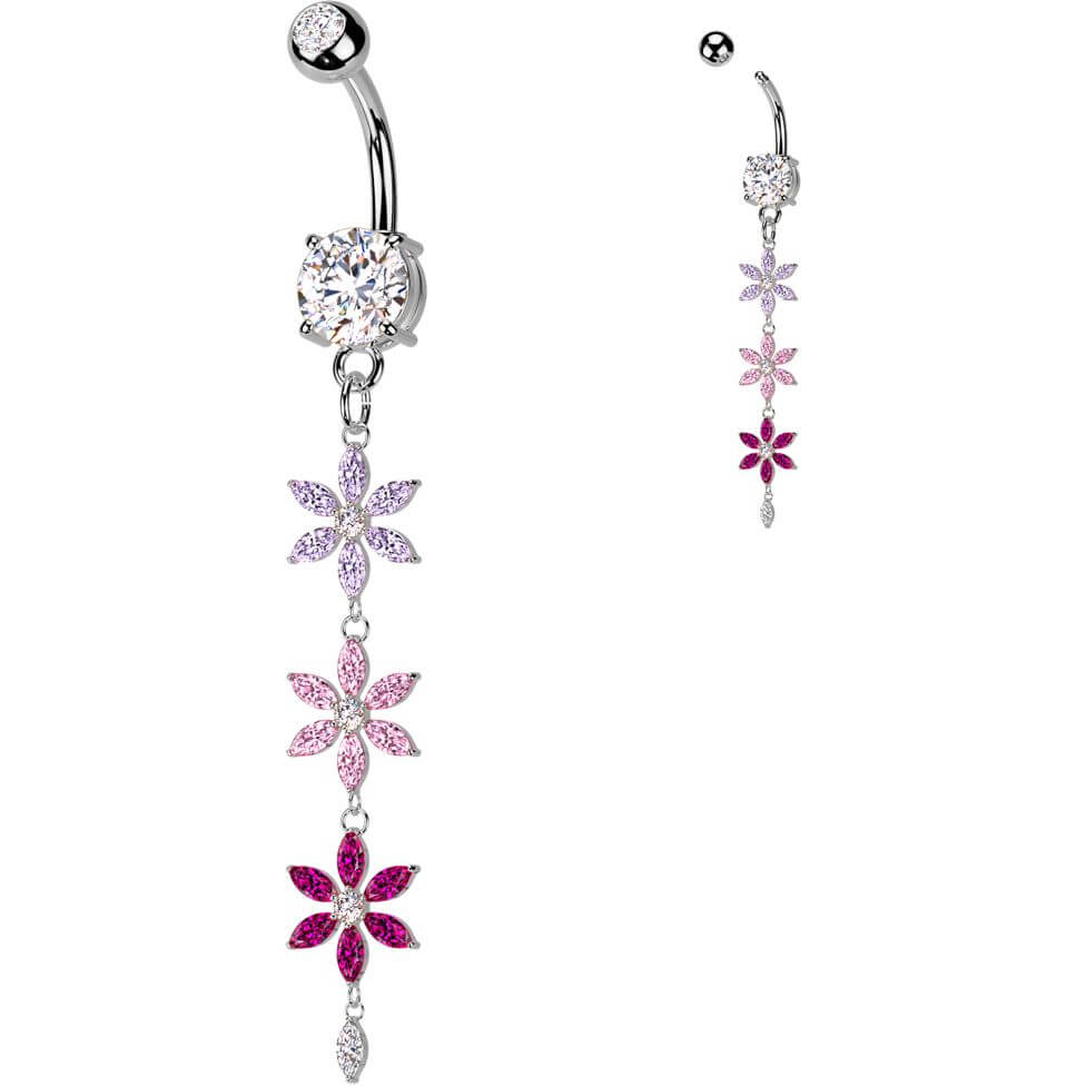 Belly Button Piercing multicolored triple zirconia flower dangle
