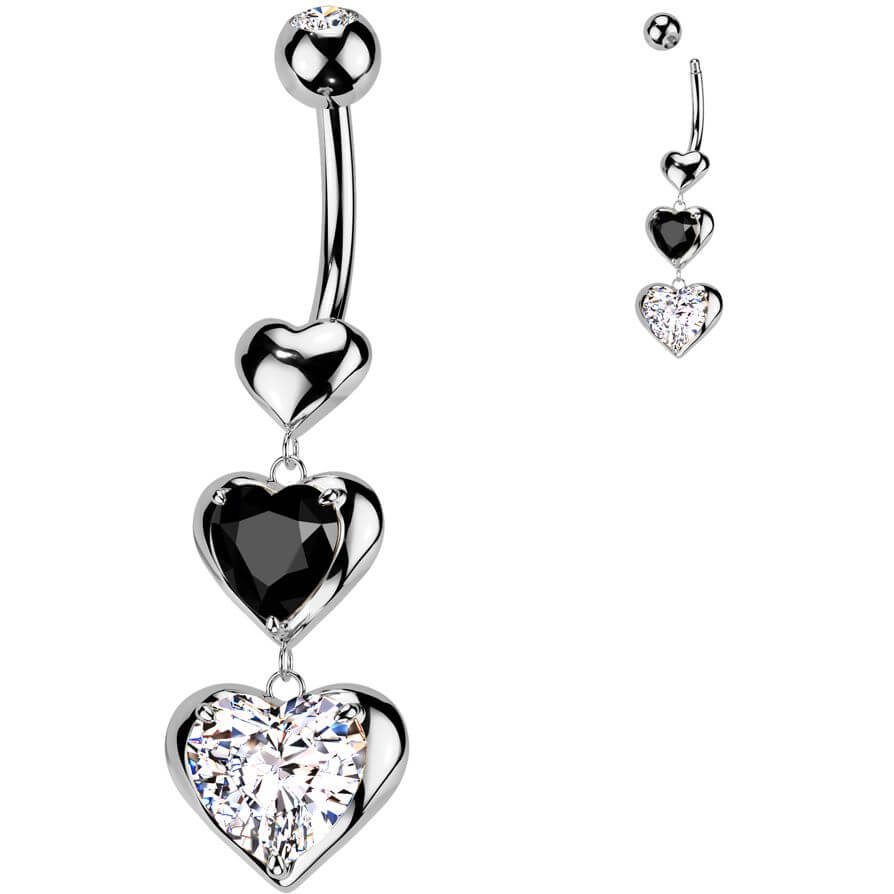 Belly Button Piercing 3 hearts dangle zirconia
