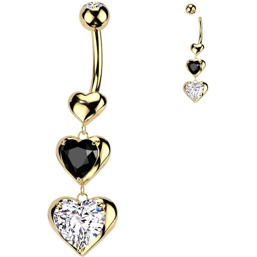 Belly Button Piercing 3 hearts dangle zirconia