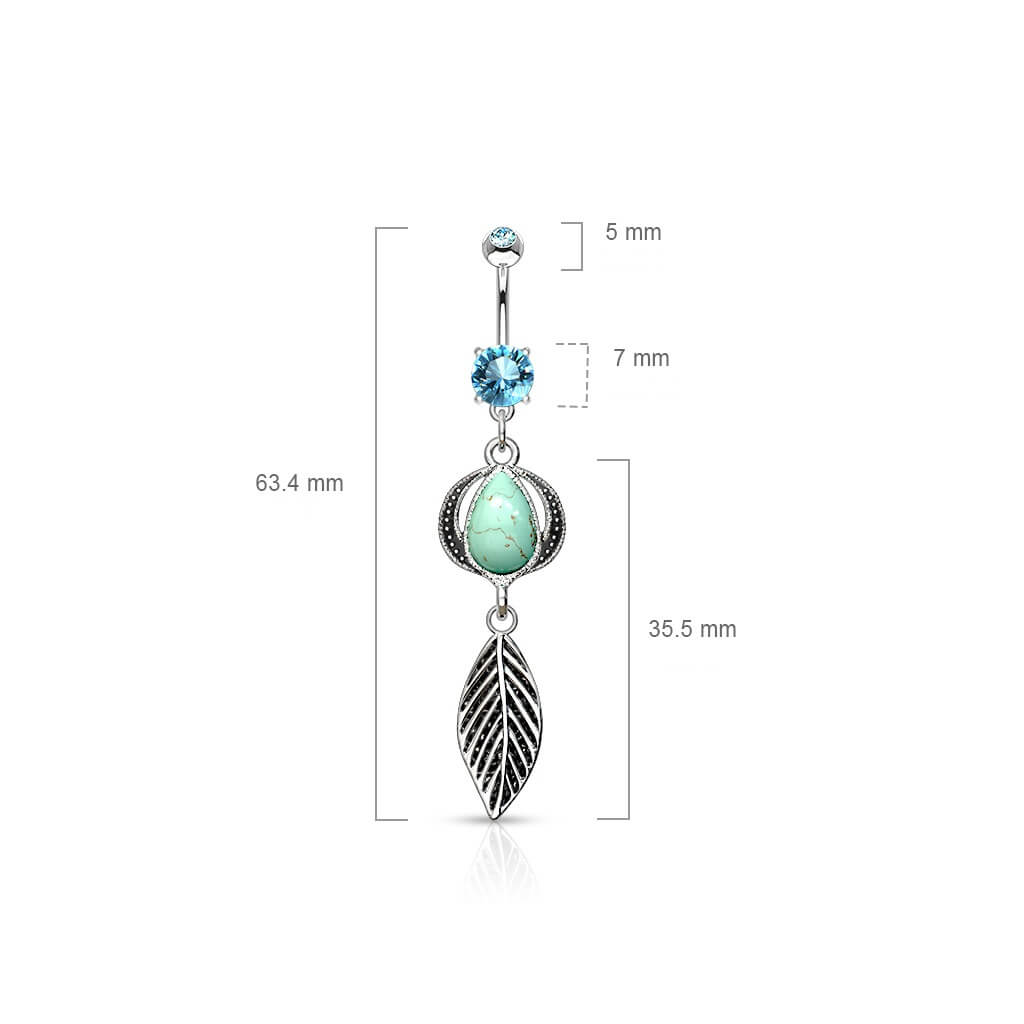 Piercing Nombril Pendentif Plume Pierre Semi-Précieuse Turquoise Zircone Argent
