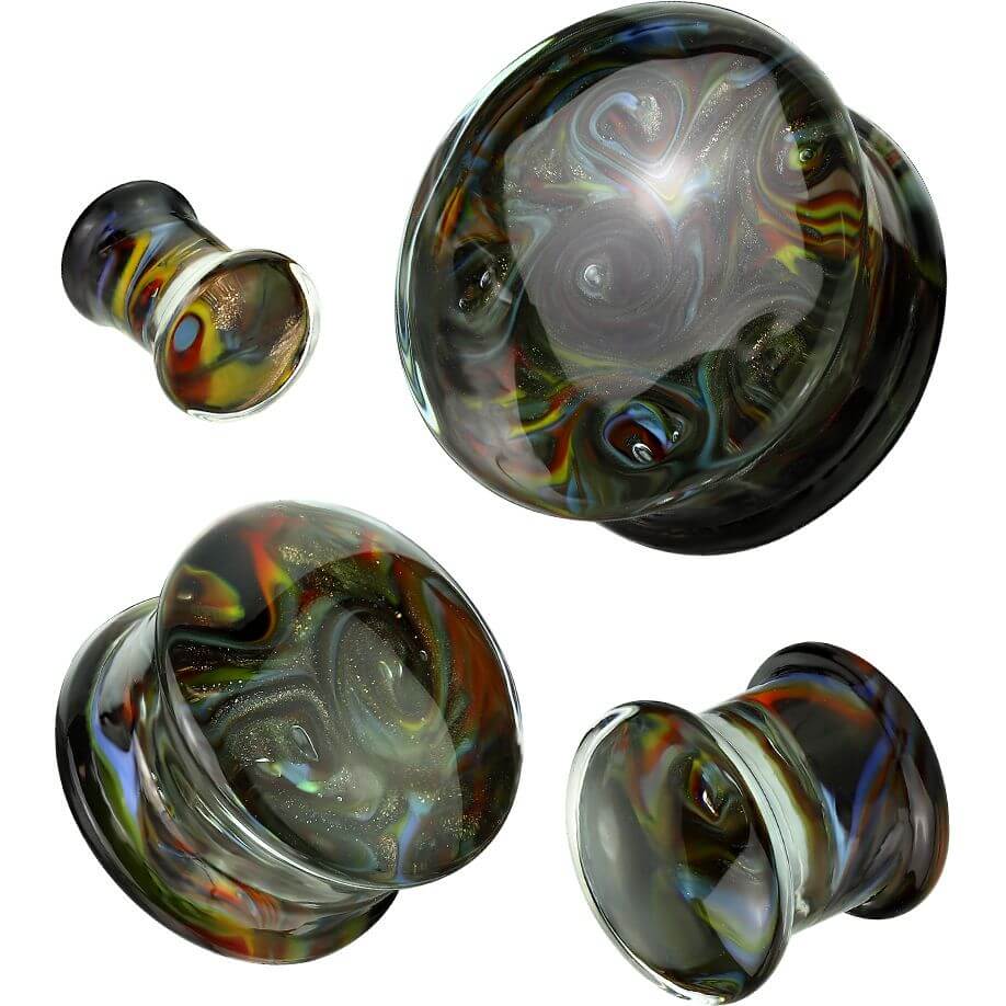 Glass Plug black with multicolour swirl double flare
