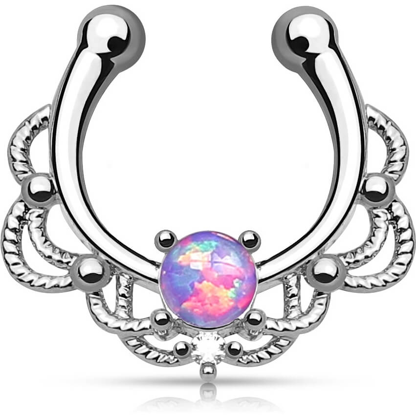 Fake piercing do nosa septum opal okrągły srebrny kolczyk rozginany