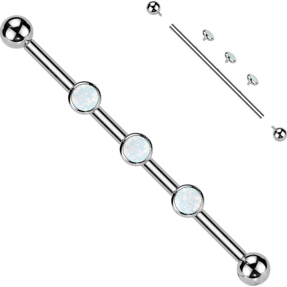 Titanium Industrial Barbell 3 stones zirconia opal bezel setting Internally Threaded