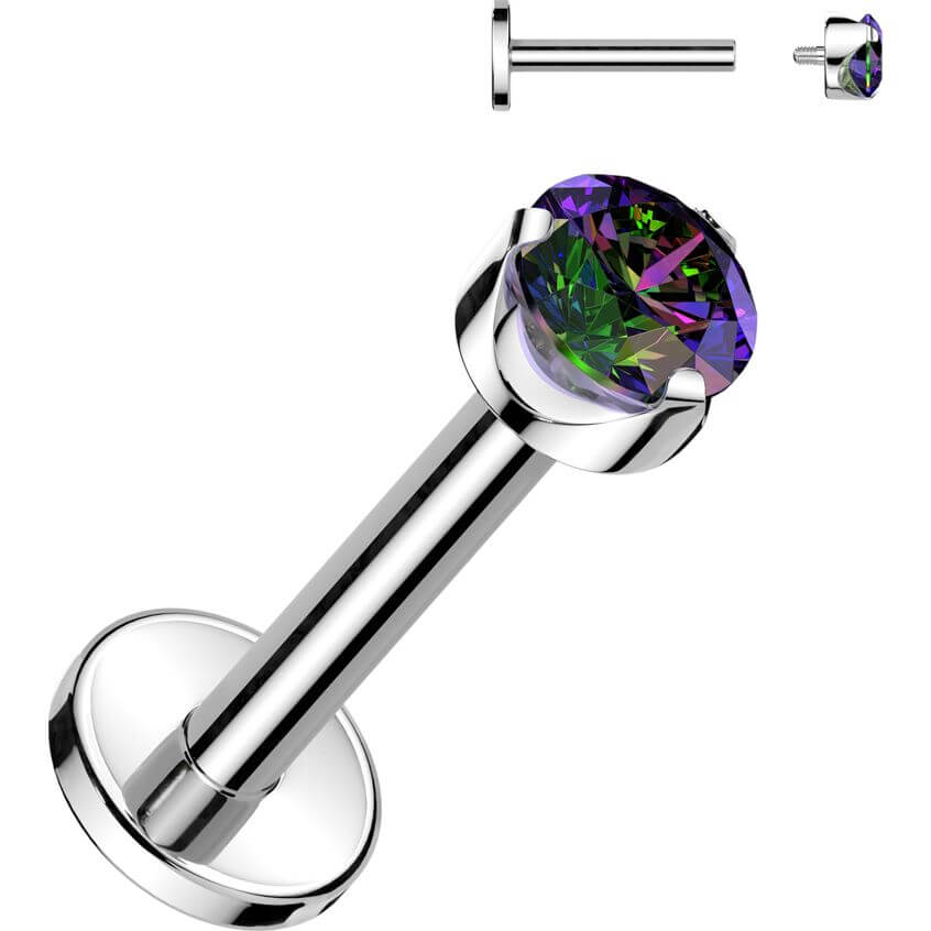 Titanium Labret round zirconia prong setting Internally Threaded