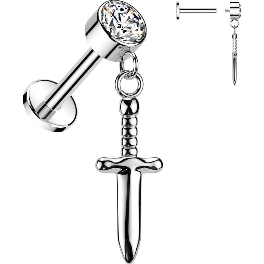 Titanium Labret zirconia sword dangle Internally Threaded