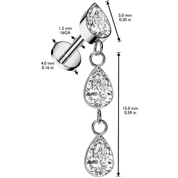 Titanium Labret Teardrop zirconia dangle Internally Threaded