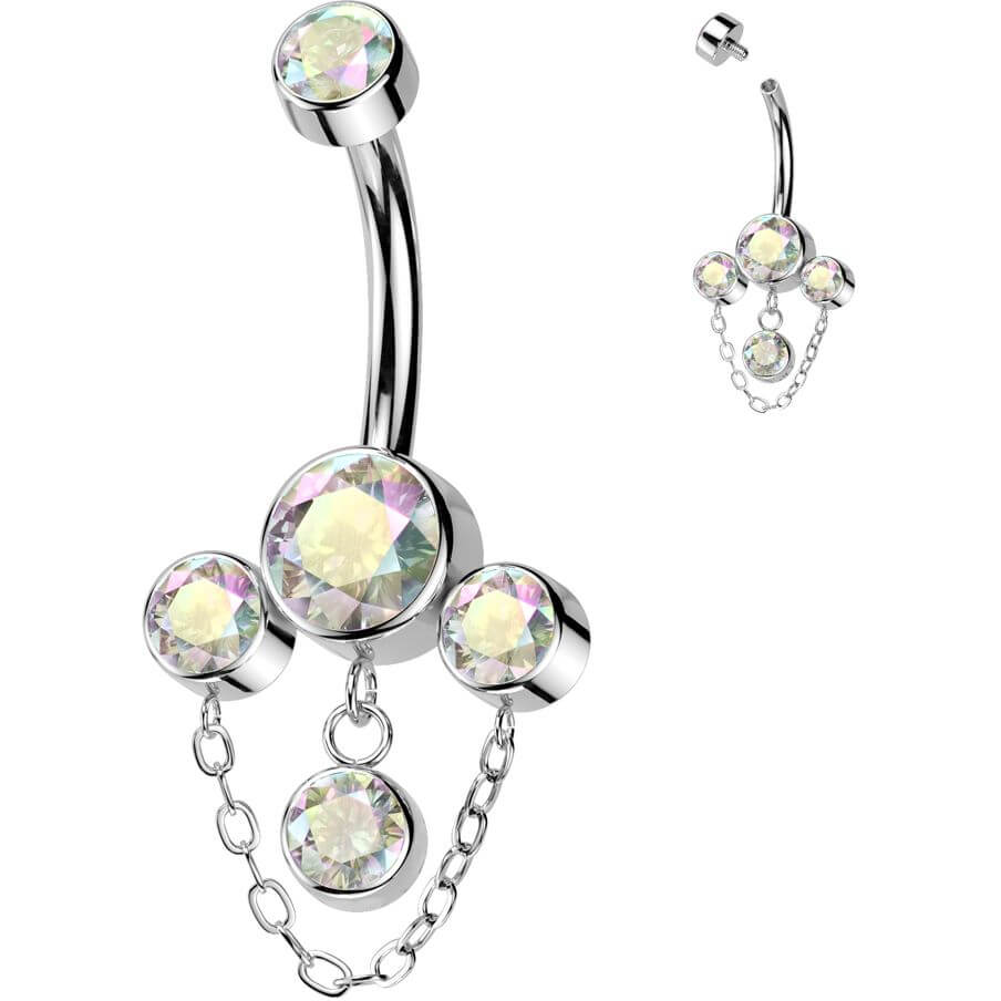 Titanium Belly Button Piercing 3 zirconias chain dangle Internally Threaded