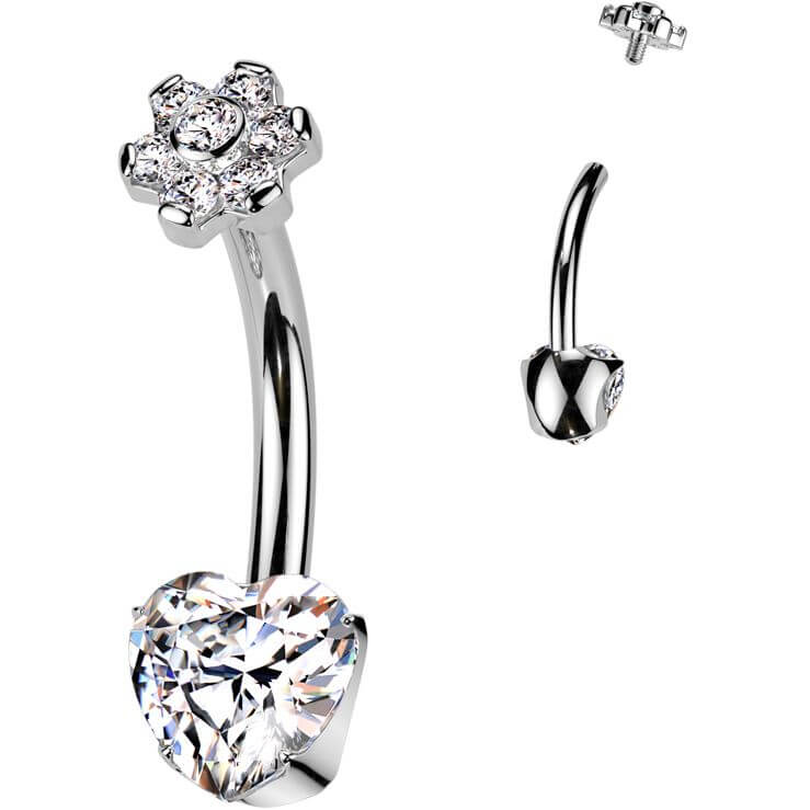 Titanium Belly Button Piercing heart flower zirconia Internally Threaded