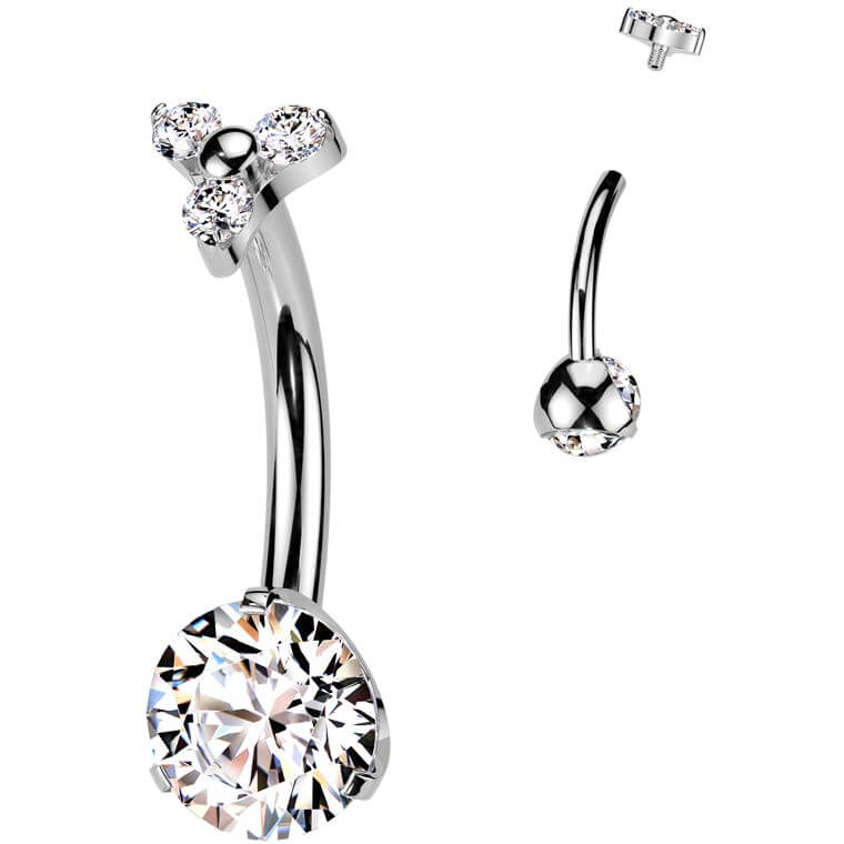 Titanium Belly Button Piercing round zirconia 3 small zirconias Internally Threaded