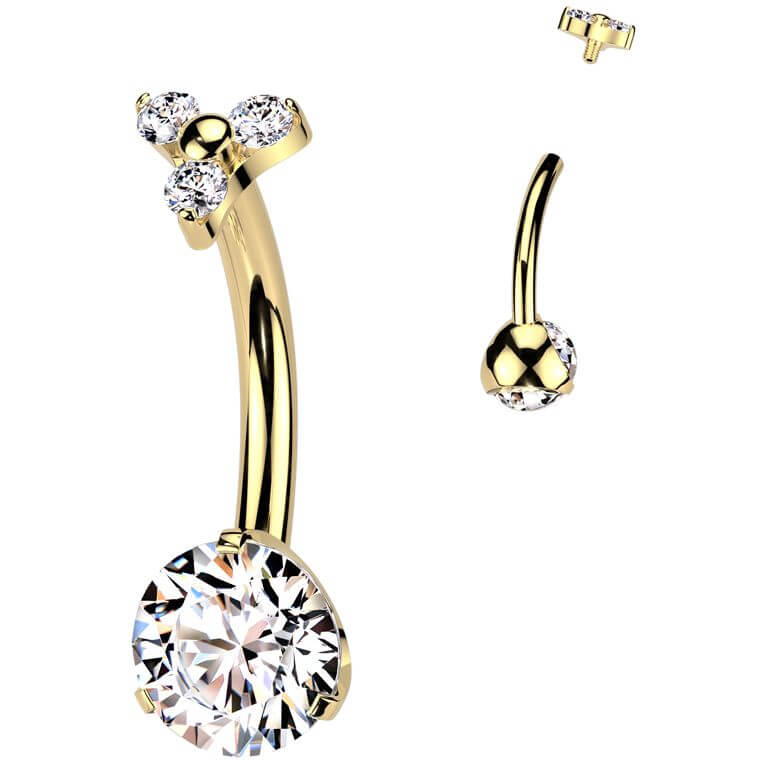 Titanium Belly Button Piercing round zirconia 3 small zirconias Internally Threaded