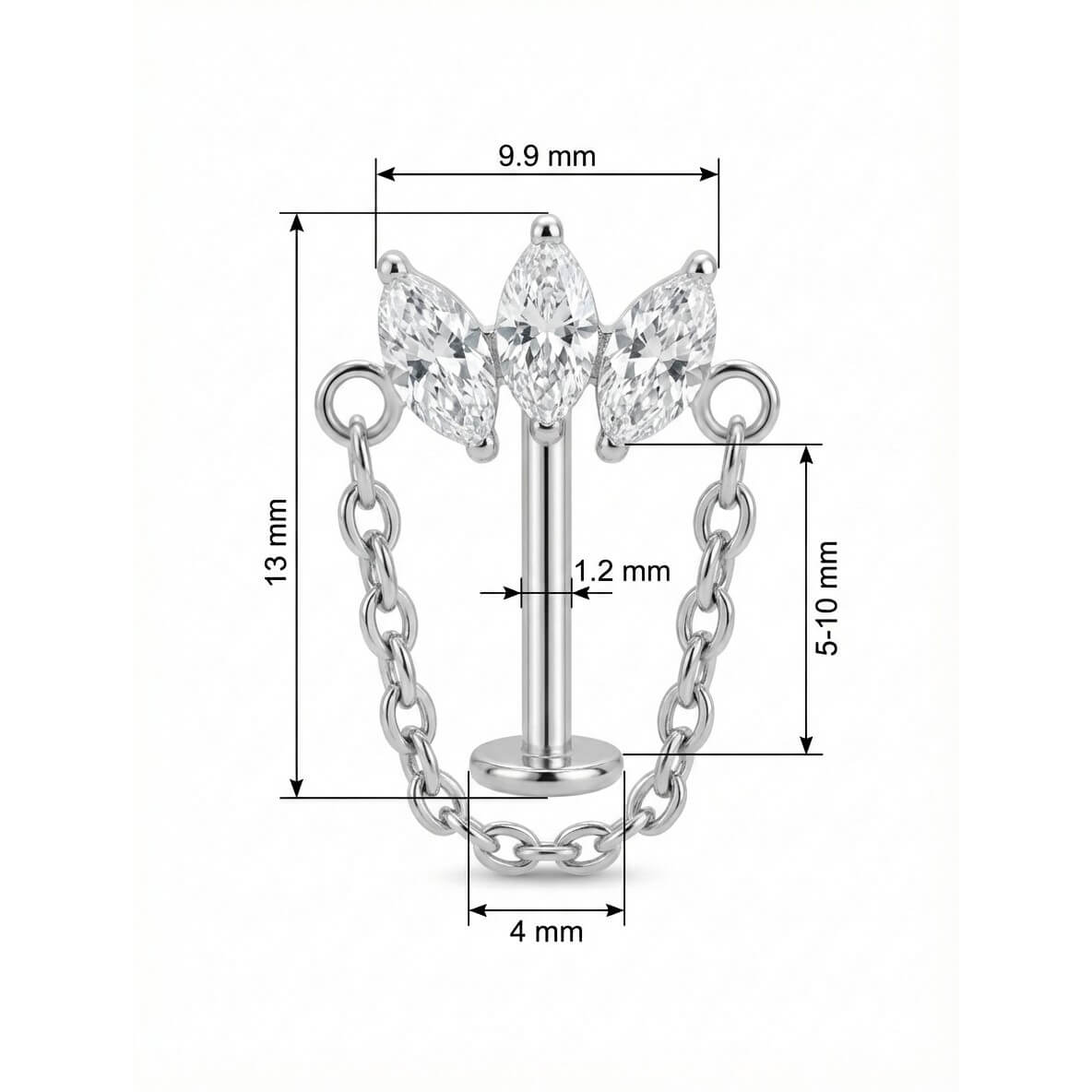 Titanium Labret Triple Marquise Cluster With Chain Internally Threaded