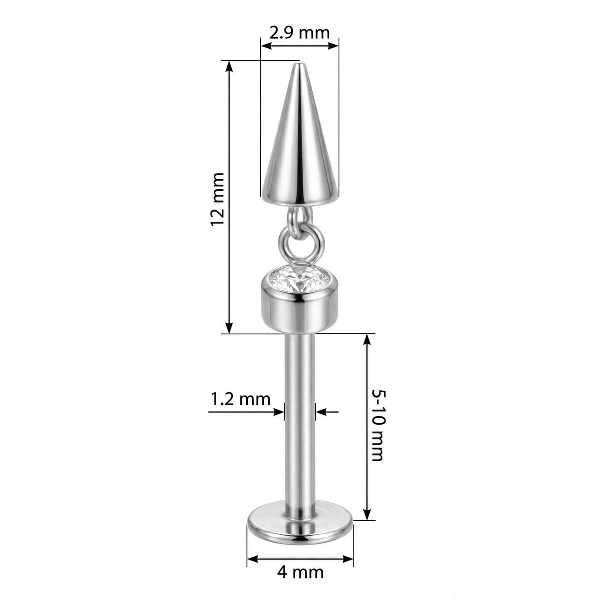 Titanium Labret Crystal Bezel With Dangle Spike Internally Threaded