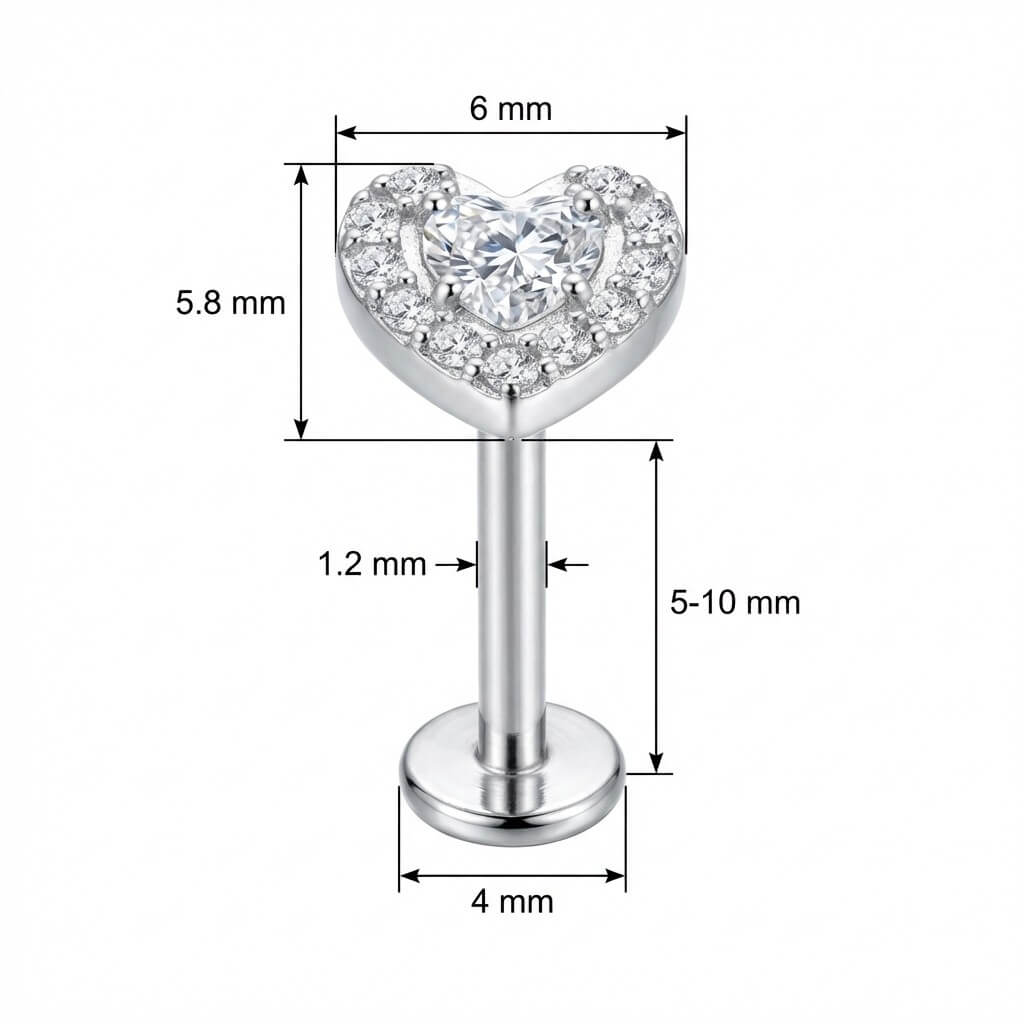 Titanium Labret Crystal Heart With Paved Halo Internally Threaded