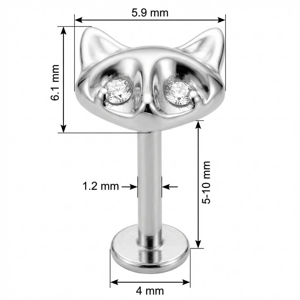Titanium Labret Cat Head With Crystal Eyes Internally Threaded