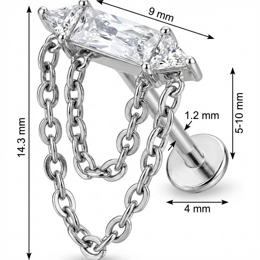 Titanium Labret Baguette Zirconia With Draped Chains Internally Threaded