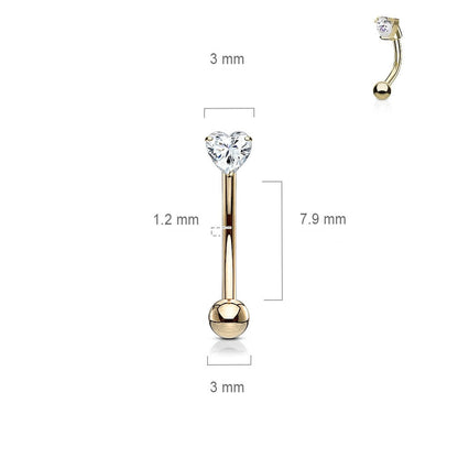 Solid Gold 14 Carat Eyebrow Piercing Heart Zirconia