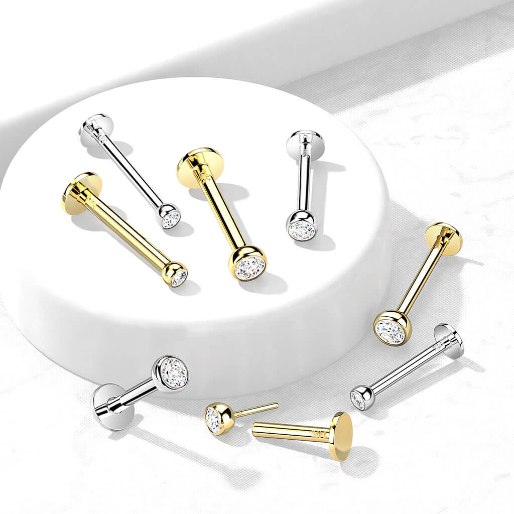 14 Karat Gold Labret Kugel Flach Zirkonia Gelbgold Weißgold Push-In