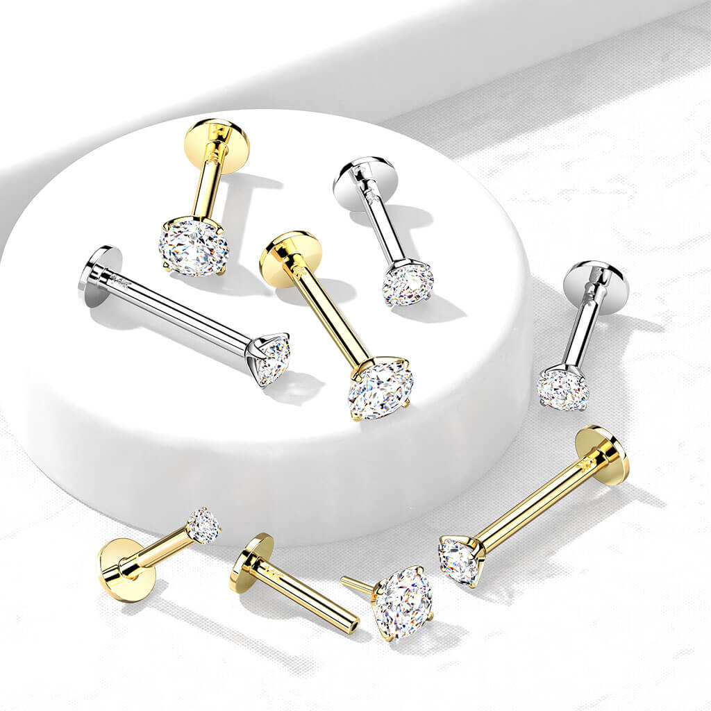 Or 14kt Labret Zircone Ronde Enfoncer