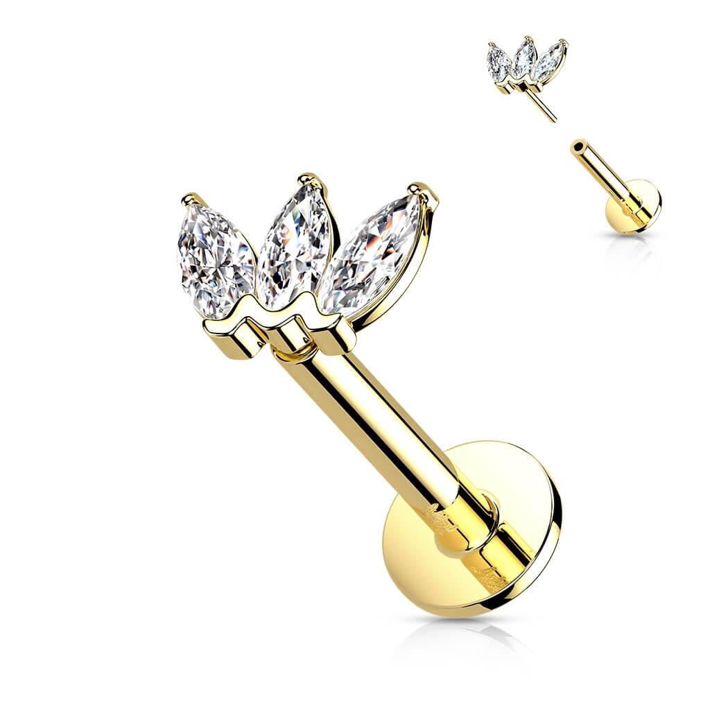 Solid Gold 14 Carat Labret Marquise 3 Zirconia Push-In