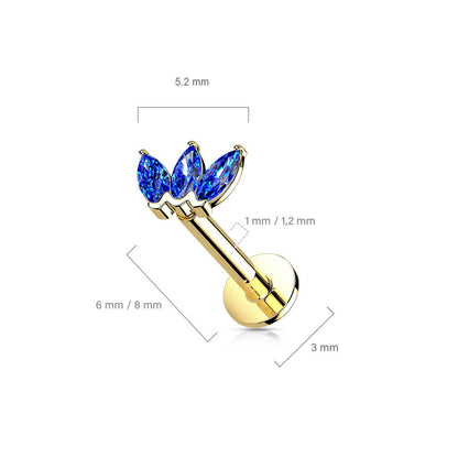 Solid Gold 14 Carat Labret Marquise 3 Zirconia Push-In