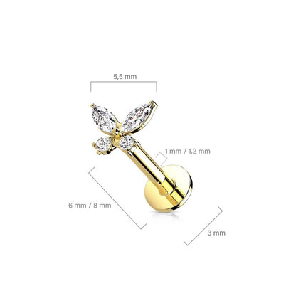 Or 14kt Labret Papillon Zircone Enfoncer