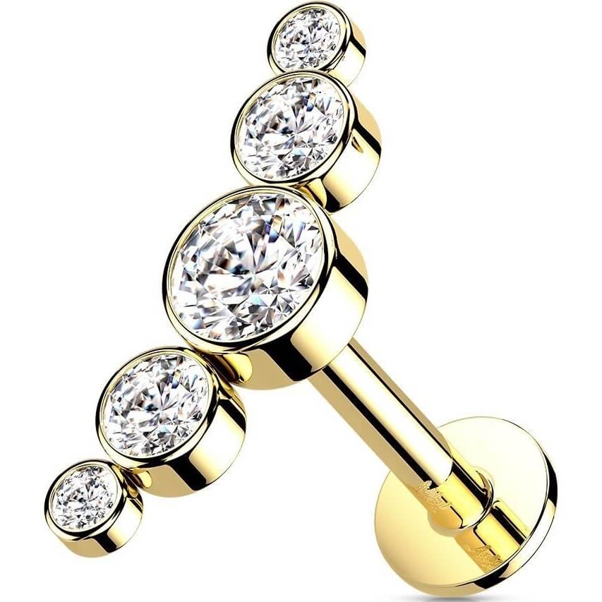 Solid Gold 14 Carat Labret 5 Zirconia Push-In