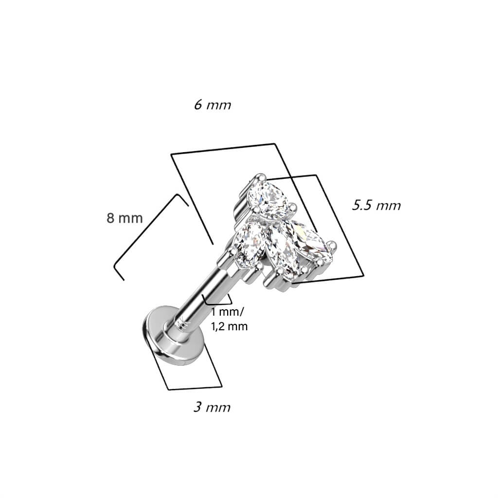 Solid Gold 14 Carat Labret Marquise 3 Zirconia Push-In