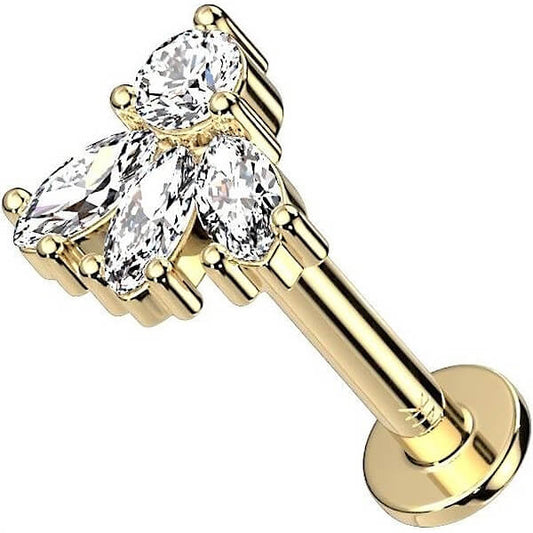 Solid Gold 14 Carat Labret Marquise 3 Zirconia Push-In