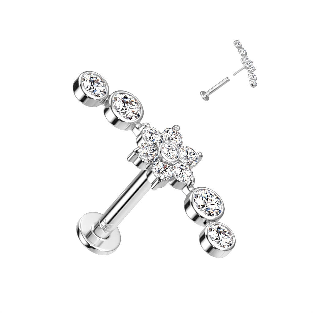 Solid Gold 14 Carat Labret Flower Zirconia Push-In