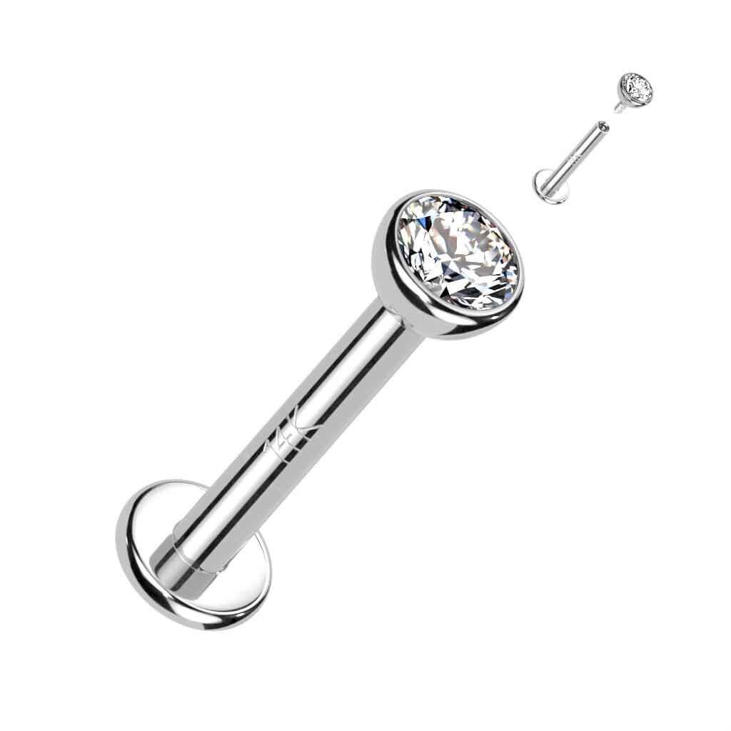 Or 14kt Labret Zircone Ronde Et Plate Filetage Interne